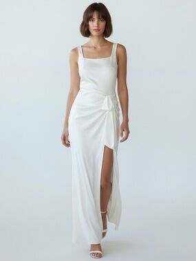 Mable Anthropologie White Satin Midi Asymmetrical Dress Bridal Shower Wedding